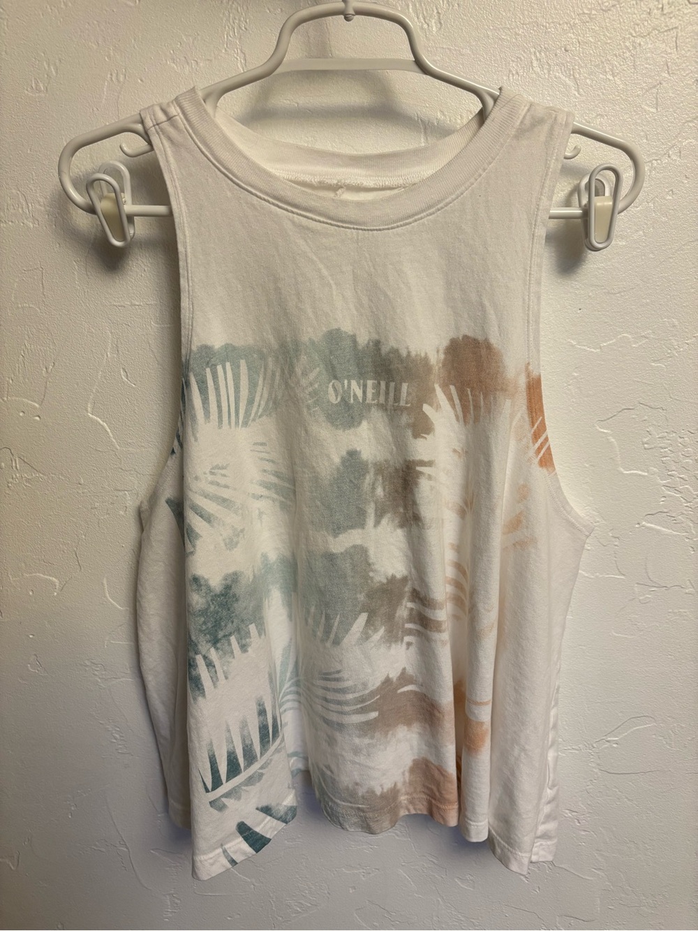 O'Neill White Tank Top with Blue-Green and Tan Palm Print